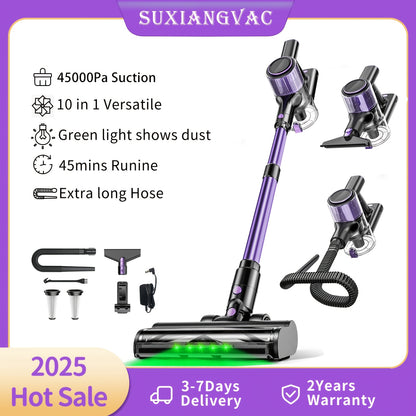 10-in-1 Cordless Stick Vacuum Cleaner with Green Light Detection, Anti-Tangle Brush, 45-Min Runtime, 3 Suction Modes – Lightweight Rechargeable Vacuum for Hardwood Floor, Carpet & Pet Hair