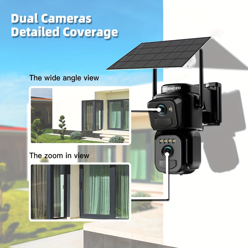 2pcs BEENOCAM [10X Zoom] 360-Degree Low-Power CCTV Solar Panel Battery 2K QHD Wifi Camera with Spotlight Alarm, Motion Detection, Color Night Vision, Two-Way Audio, One Device =Two Cameras(Solar Bullet Camera+Solar PTZ Camera)