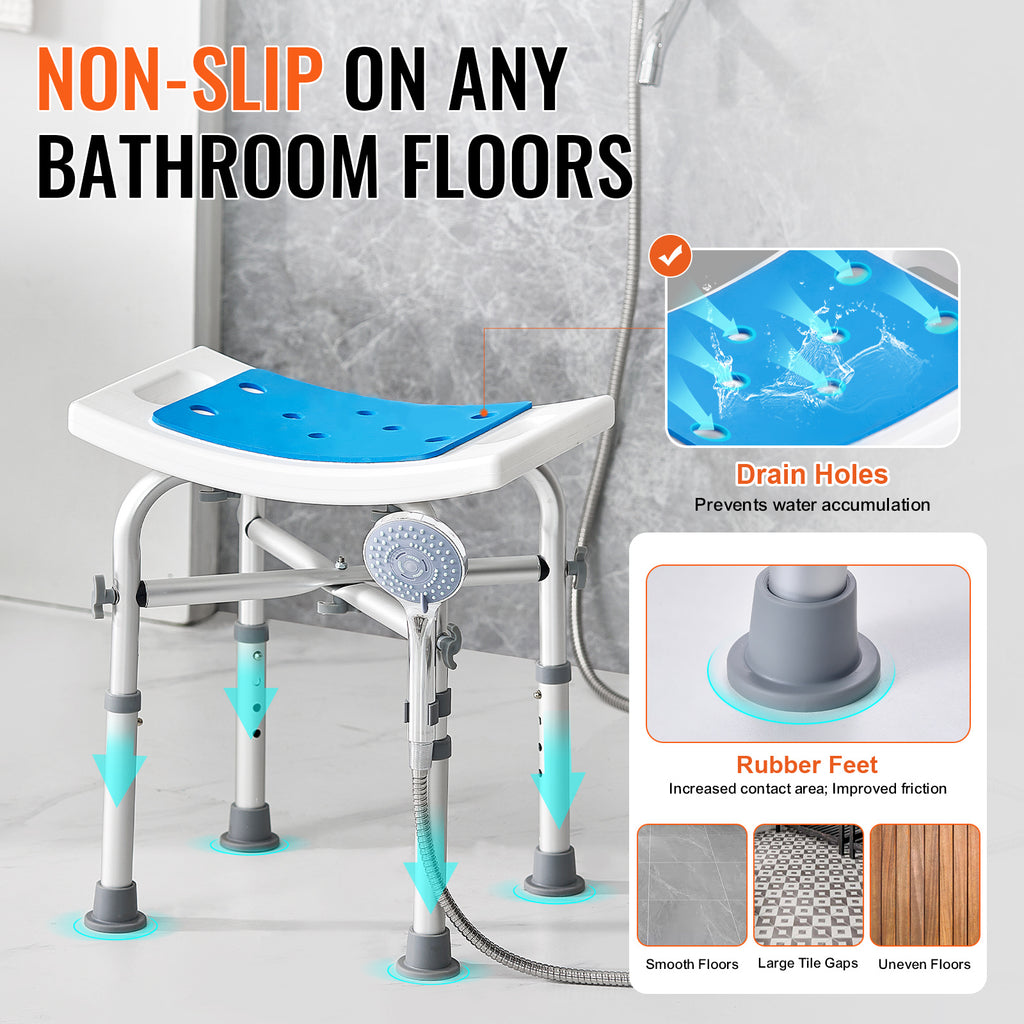 VEVOR Shower Chair, Adjustable Height Shower Stool, Shower Seat for Inside Shower or Tub, Non-Slip Bench Bathtub Stool Seat for Elderly Disabled Handicap, 350 LBS/ 500 LBS Capacity, No handrails/With handrails
