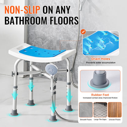 Shower Chair for Elderly & Disabled with Adjustable Height – Non-Slip Bathtub Bench Seat, 350/500 LBS Capacity, Aluminum Alloy, Shower Head Holder & Storage Bag Included, Optional Handrails | VEVOR