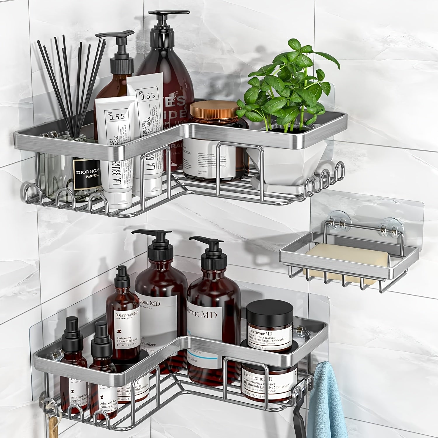 Drill-Free Corner Shower Caddy 3-Pack with 12 Hooks – Adhesive Bathroom Corner Shelf Organizer, Rust-Proof Shower Storage Rack for Shampoo Soap Razor