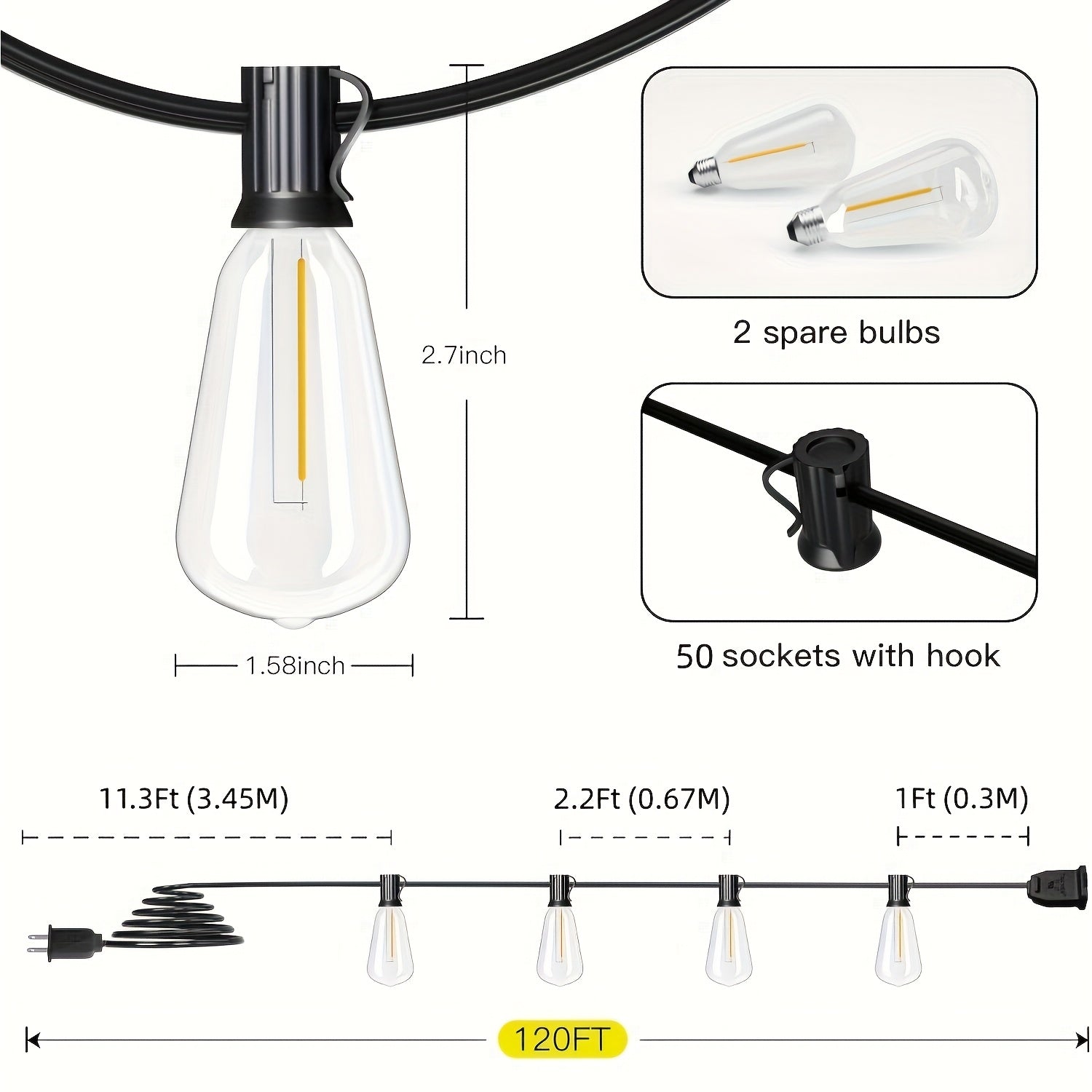 ST38 Outdoor String Lights LED Patio Lights – Shatterproof Vintage Edison Bulb, 2700K Warm White, Connectable Waterproof Hanging Lights for Backyard Garden Porch Party Cafe Decor
