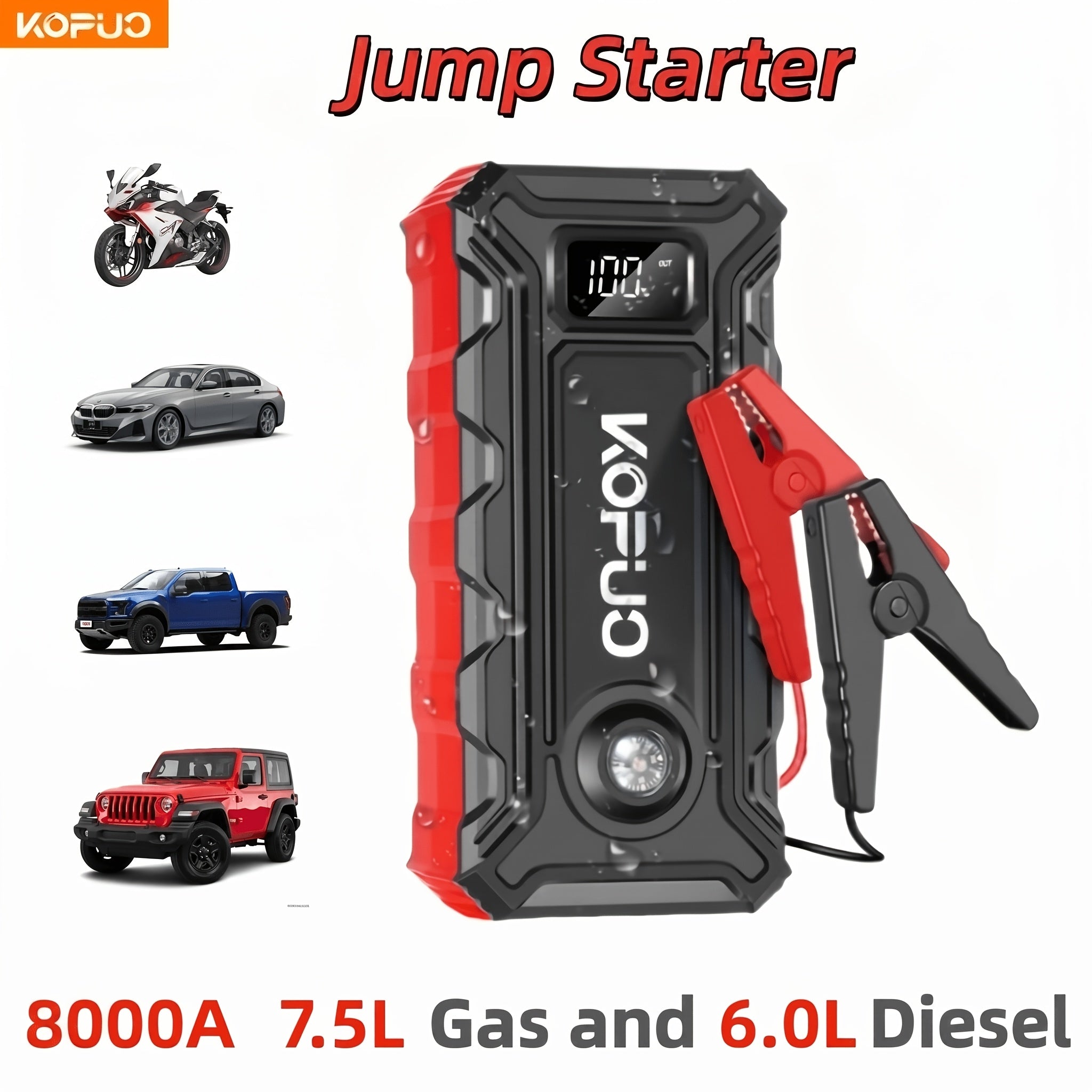 KOPUO 8000A Peak Car Jump Starter – 12V Lithium Power Bank, Cold Start, USB Fast Charge, LED Flashlight