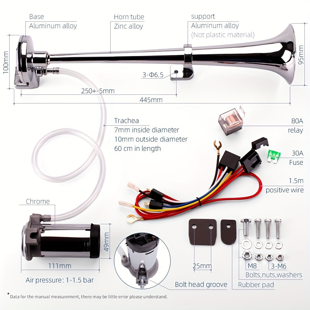 ALLREY 12V Air Horn Kit, Super Loud 18 Inches Single Trumpet Truck Horn, Train Horn With Compressor For Any 12V Vehicles Silver Black Button