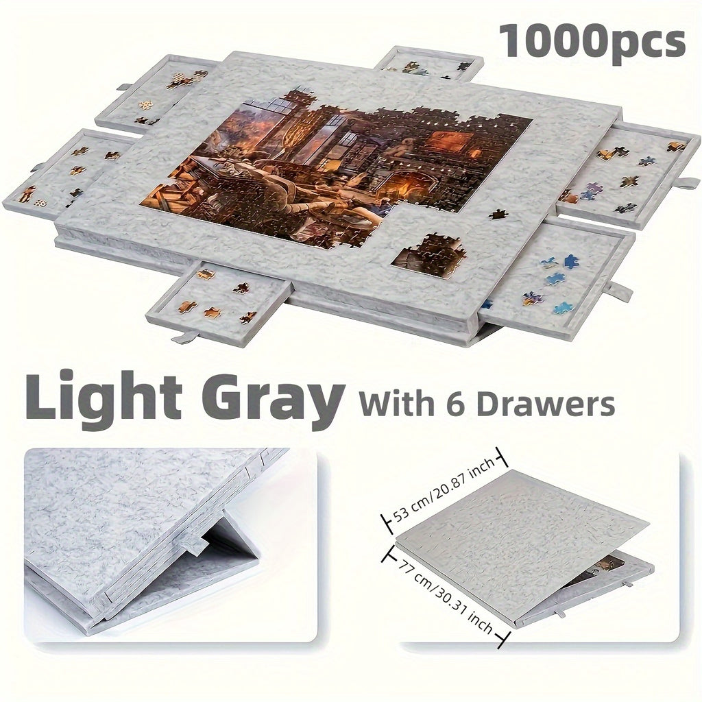 Gray Puzzle Board with 6 Sliding Drawer Organizers for 1000-1500 Pieces - Portable 23.6"x31.5" Anti-Slip Puzzle Table with 2 Puzzle Boxes, Family Game Gift
