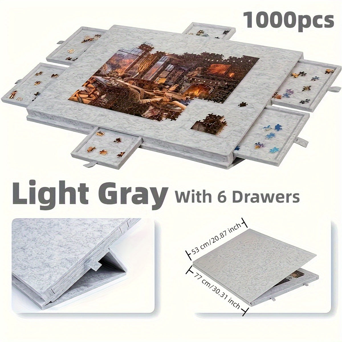 Gray Puzzle Board with 6 Sliding Drawer Organizers for 1000-1500 Pieces - Portable 23.6"x31.5" Anti-Slip Puzzle Table with 2 Puzzle Boxes, Family Game Gift