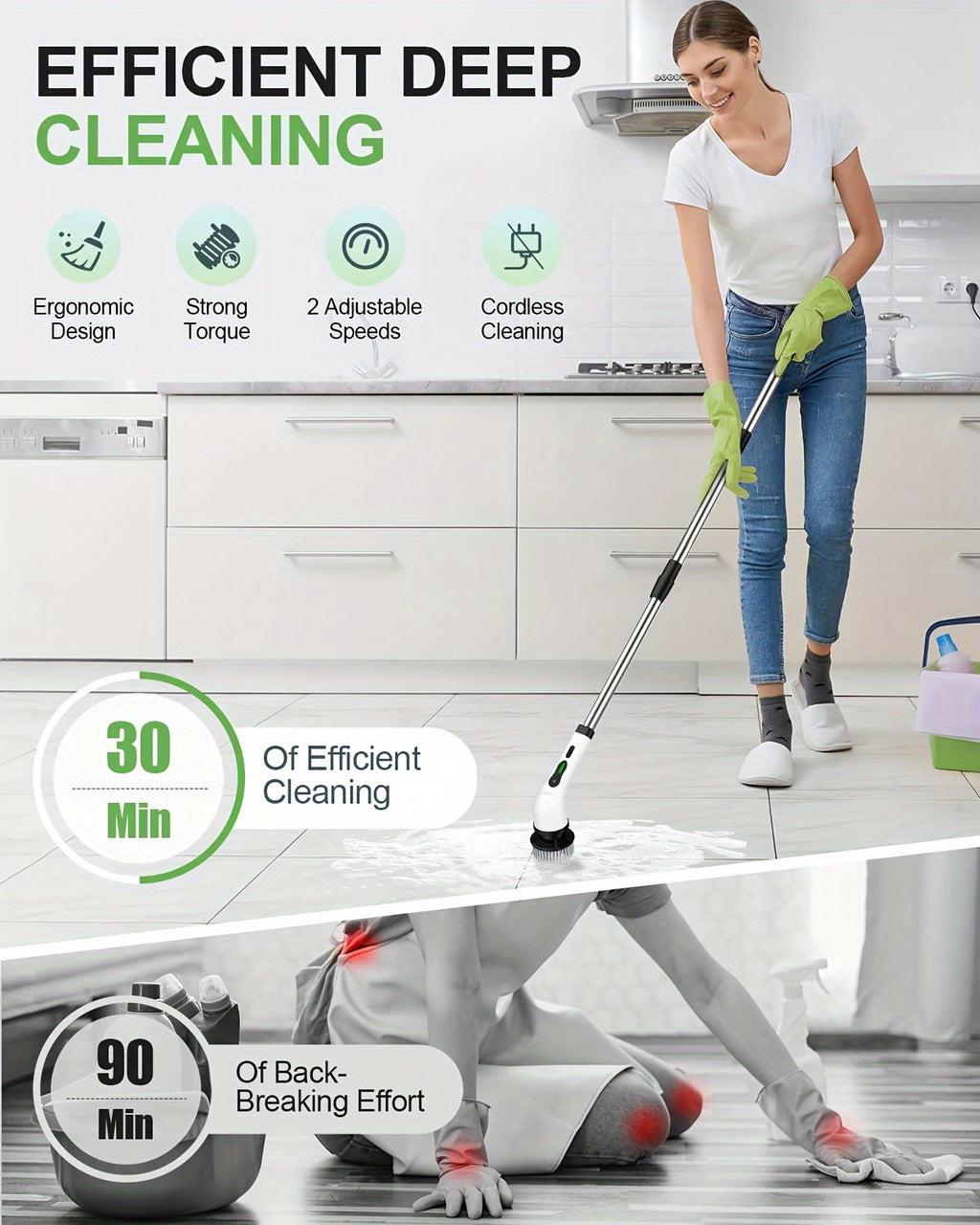 Electric Spin Scrubber for Cleaning, Electric Rotating Floor Washer, Wireless Shower Floor Scrubber, Replaceable 9 Brush Heads, 2 Speed And Adjustable Extension Handle, Kitchen Gadgets Suitable for Bathtub, Tile Floor, Glass, Car