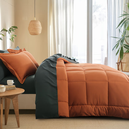 7pcs Reversible Bedding Set Soft Microfiber – Lightweight Breathable Comforter Flat Sheet Fitted Sheet & Pillowcases, All-Season Family Bedding Gift Set