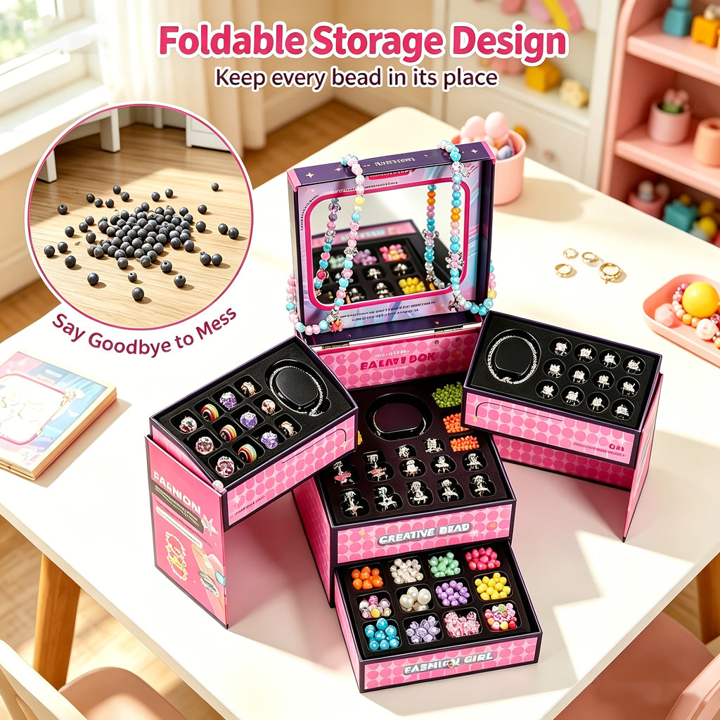 Pink/ Blue Princess DIY Beaded Jewelry Set with Categorized Jewelry Box, Mirror, Bracelets & Necklaces, Toy Gifts for Girls Kids Ages 3+