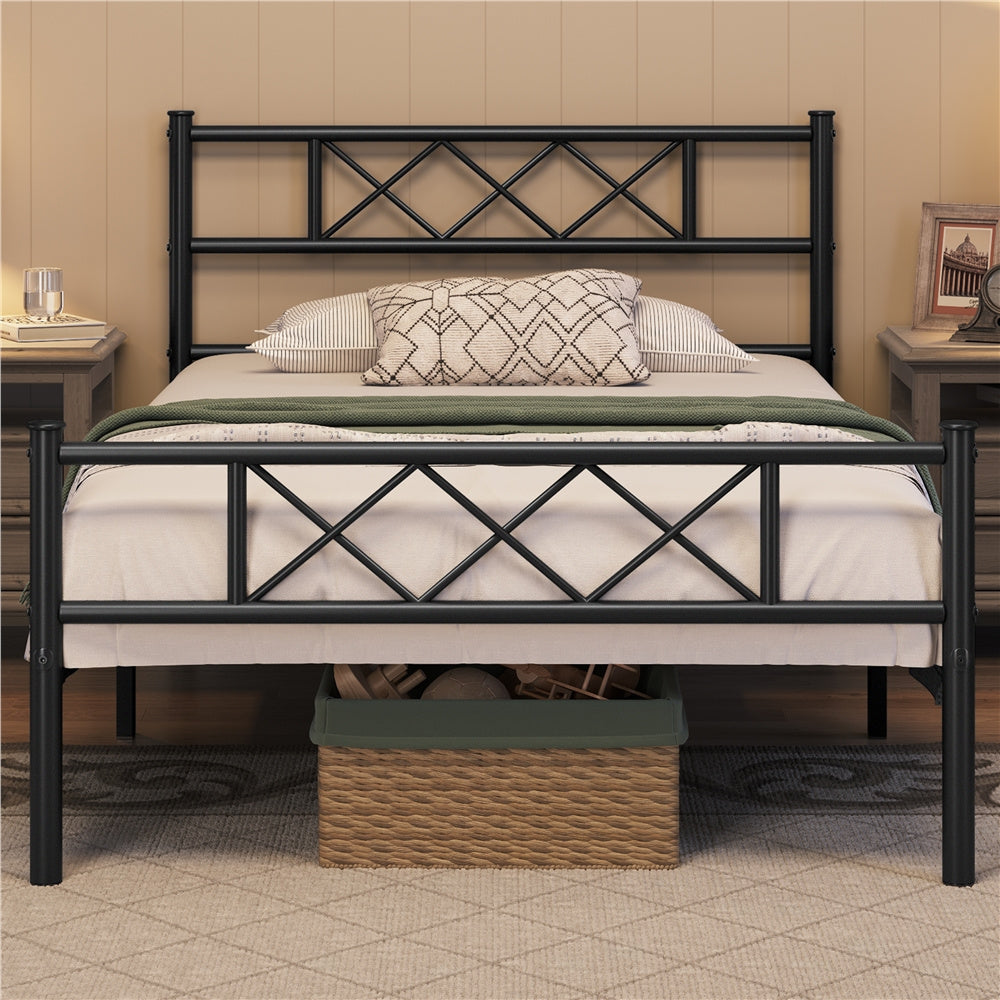 ALDEN DESIGN Bed Frame, Metal Platform Bed with Cross-design Headboard, Bed Base, Metal Bed Frame with Footboard for Bedrooms, Guest Rooms, Dormitories, Apartments, Black/White,Twin/Full/Queen Size