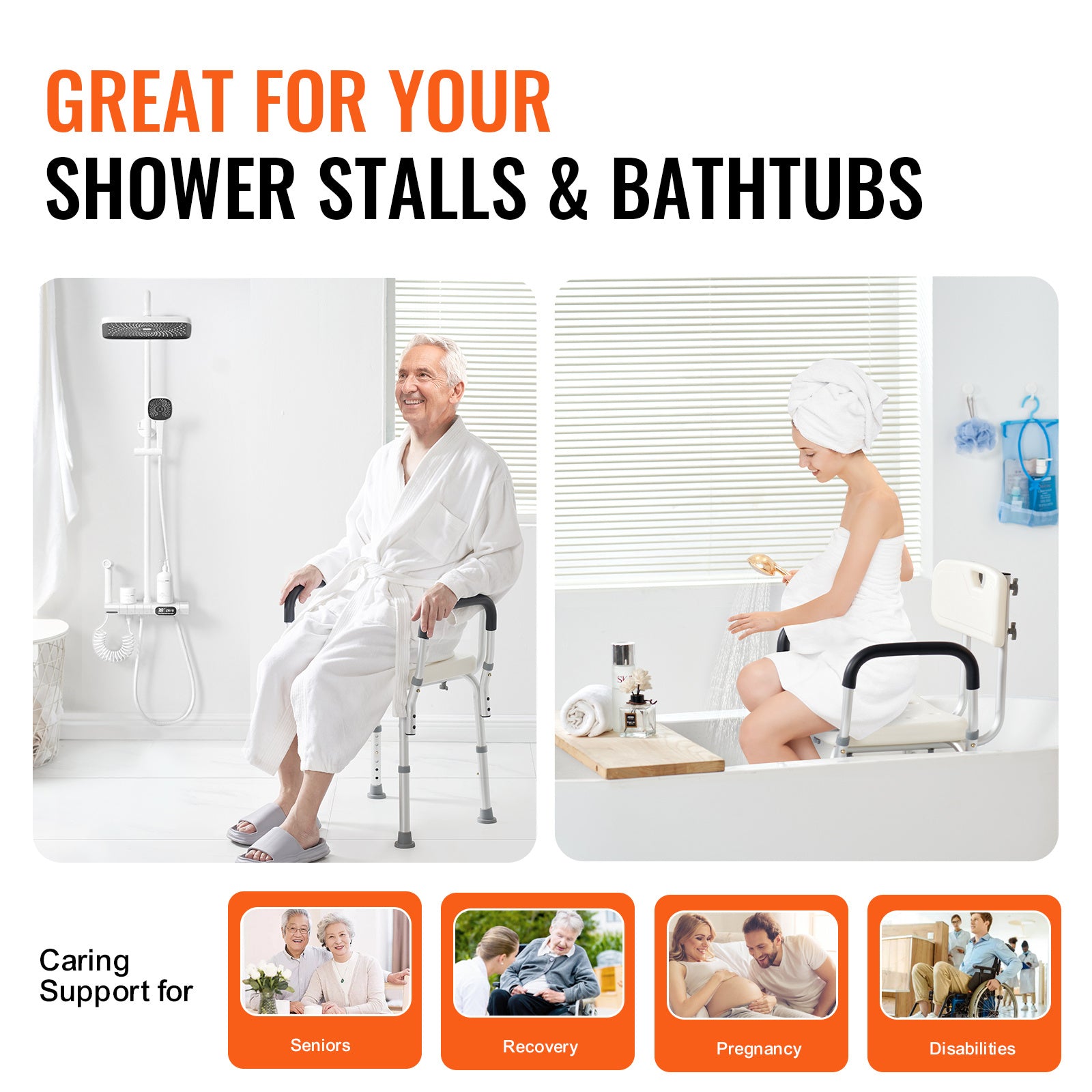VEVOR Shower Chair, Adjustable Height Shower Stool, Shower Seat for Inside Shower or Tub, Non-Slip Bench Bathtub Stool Seat for Elderly Disabled Handicap, 350 LBS/ 500 LBS Capacity, No handrails/With handrails
