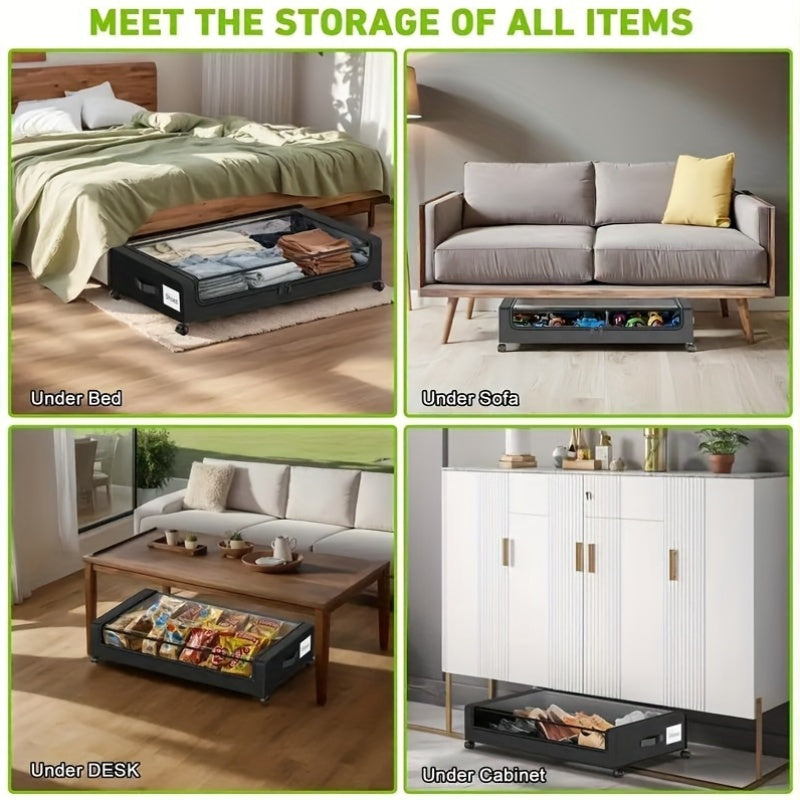 Set of 2 Rolling Storage Bins for Under The Bed, Featuring Transparent Lids, Ideal for Organizing Clothes, Shoes, And, in a Sleek Black Design, Under-Bed Storage
