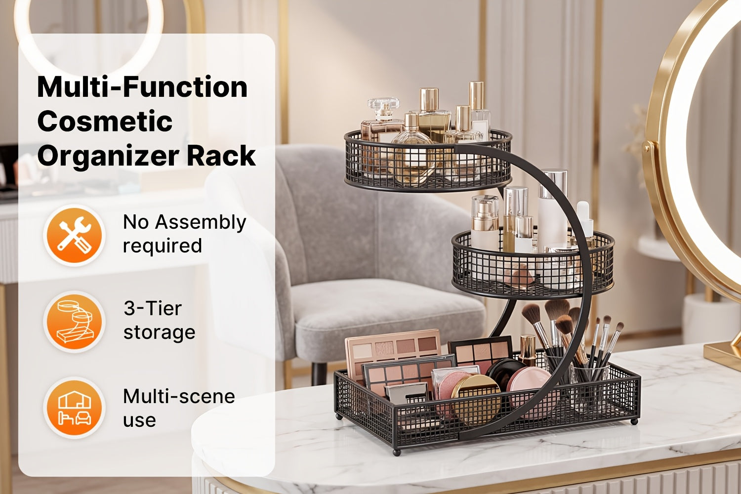 3-Tier Rotating Makeup Shelf - Portable No-Assembly Dressing Table & Bathroom Countertop Storage Rack with Rotating Shelves Suitable for Cosmetics, Skincare, Nail Polish, Lipstick, Perfume - Space-Saving Rotator for