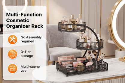 3-Tier Rotating Makeup Organizer for Bathroom & Vanity - No-Assembly Spinning Cosmetic Storage Rack for Skincare, Nail Polish, Lipstick & Perfume - Space-Saving Countertop Shelf