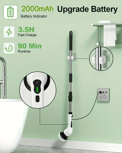 Electric Spin Scrubber Wireless Cleaning Brush – Rotating Floor & Shower Scrubber with 9 Replaceable Brush Heads, 2-Speed & Adjustable Extension Handle for Bathtub, Tile, Glass & Car