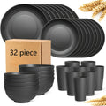 Wheat Straw Dinnerware Set 16/32pcs – Eco-Friendly Plates, Dessert Plates, Cereal Bowls & Cups for 4/8 People, Durable Shatterproof Outdoor Camping Tableware for Family Gatherings, Parties & Everyday Use, Multiple Colours