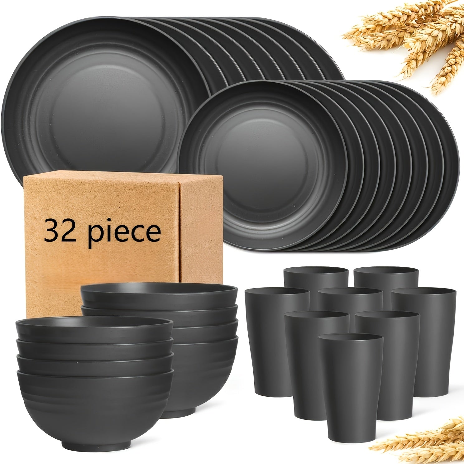 Wheat Straw Dinnerware Set 16/32pcs – Eco-Friendly Plates, Dessert Plates, Cereal Bowls & Cups for 4/8 People, Durable Shatterproof Outdoor Camping Tableware for Family Gatherings, Parties & Everyday Use, Multiple Colours