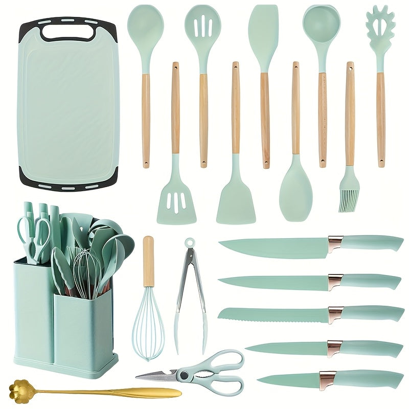 20-Piece Kitchen Cooking Utensils & Knife Set with Block – 11pc Silicone Utensil Set, 5 Stainless Steel Chef Knives, Scissors, Whisk, Spoon & Cutting Board | 5 Colours | ShopVora CA