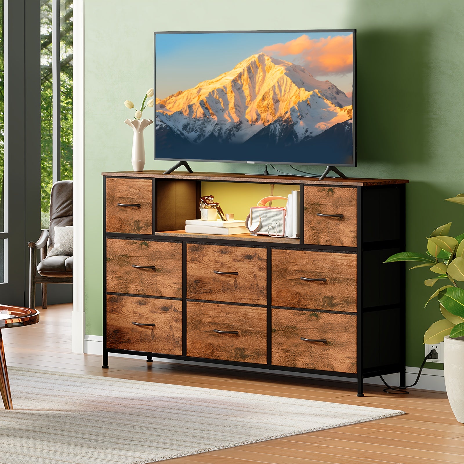 EUNOS 8 Drawer Dresser with Power Outlet LED Lights Fabric Chest of Drawers Metal Frame Wood Top TV Stand for 55 Inch TV Bedroom Living Room Storage Black Wood Grain White Canada