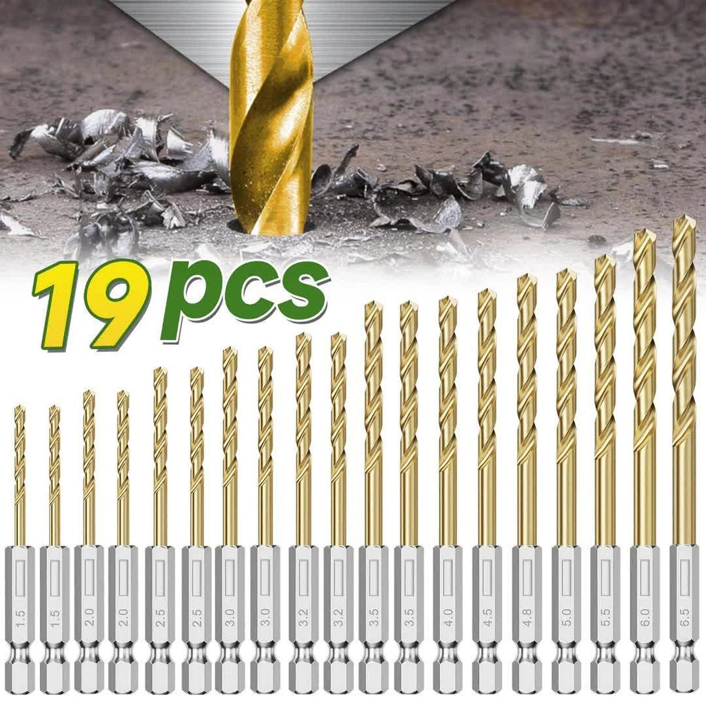 19pcs Coated Drill Bit Set, 1/16"-1/4" Sizes, Hex Shank with 135° Point Design, Quick Change, Sharp And Durable, Suitable for Wood, Metal, Plastic, And