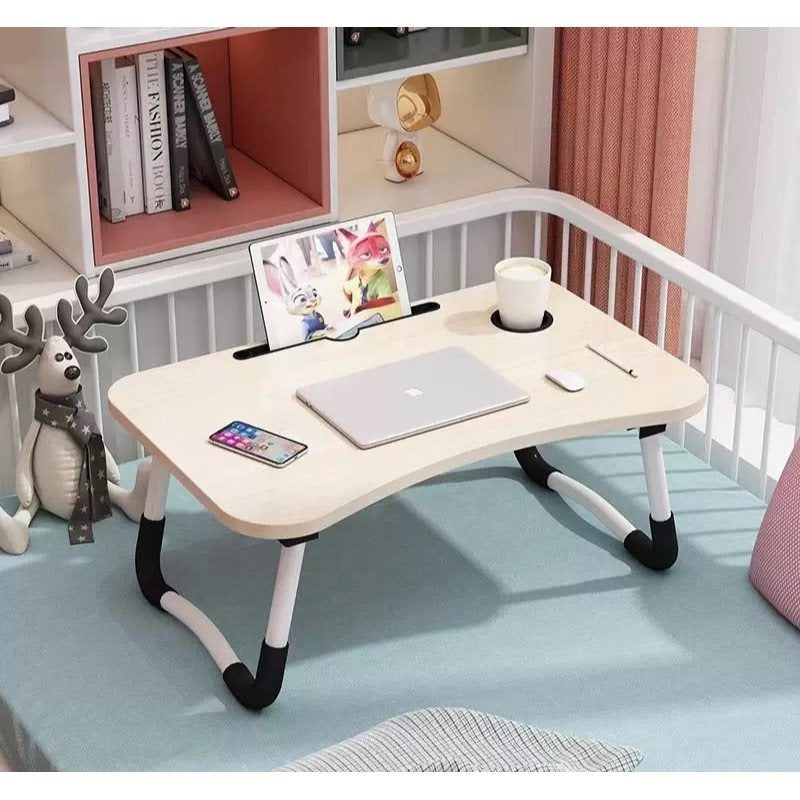 Laptop Bed Desk Set 2-Piece – Extra-Large Foldable Lap Tray Table with Cup Holder & Storage Drawer, Includes Cleaning Cloth, Adjustable Height, for Bed Sofa Floor – Walnut, Black, Pink & White