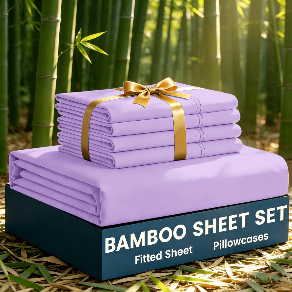 3/5pcs Bamboo Cooling Bed Sheet Set with 2/4 Pillowcases (Warm Tip: Flat Sheet Is Not Included) - Sabanas Para Cama - Breathable And Comforter for Summer And Hot Sleepers - Ultra Soft Children Sheet - Deep Pocket Up to 16"-18" - Sheets