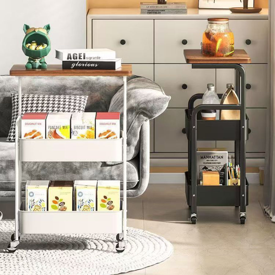 Versatile 3-Tier Rolling Storage Cart with Wheels - Slim Design, Wooden Top & Mesh Baskets for Kitchen, Office, Bathroom - Durable Metal Frame, Powder-Coated Finish - Black/White