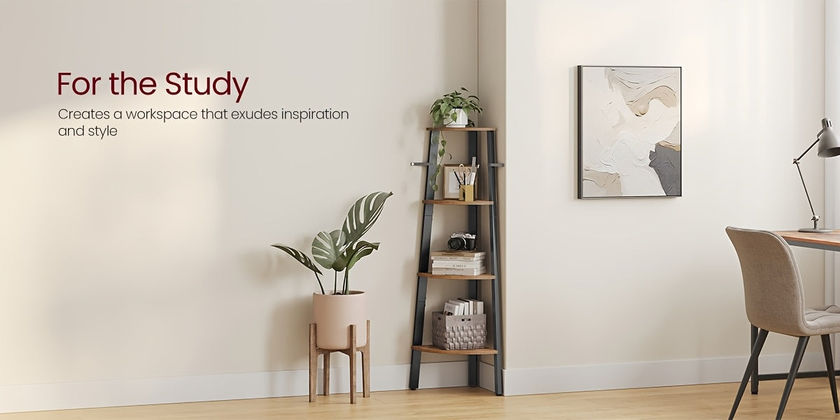 4-Tier Industrial Corner Shelf Plant Stand with Steel Frame - Corner Bookshelf Storage Shelving Unit Rustic Brown Black for Living Room Office Hallway Bedroom Canada