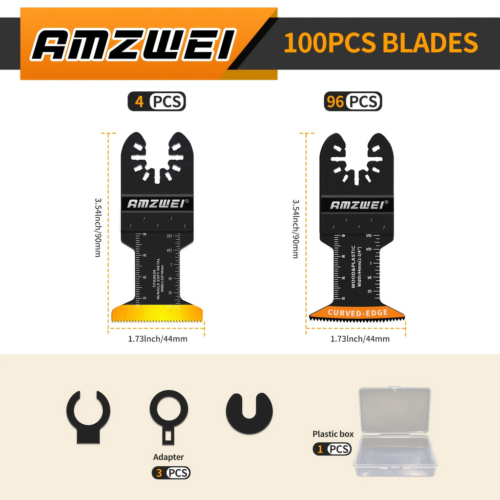 100pcs Oscillating Saw Blades, Titanium & HCS Oscillating Tool Blades For Metal/Wood/Plastic Cutting, Curved Edge Multi Tool Blades