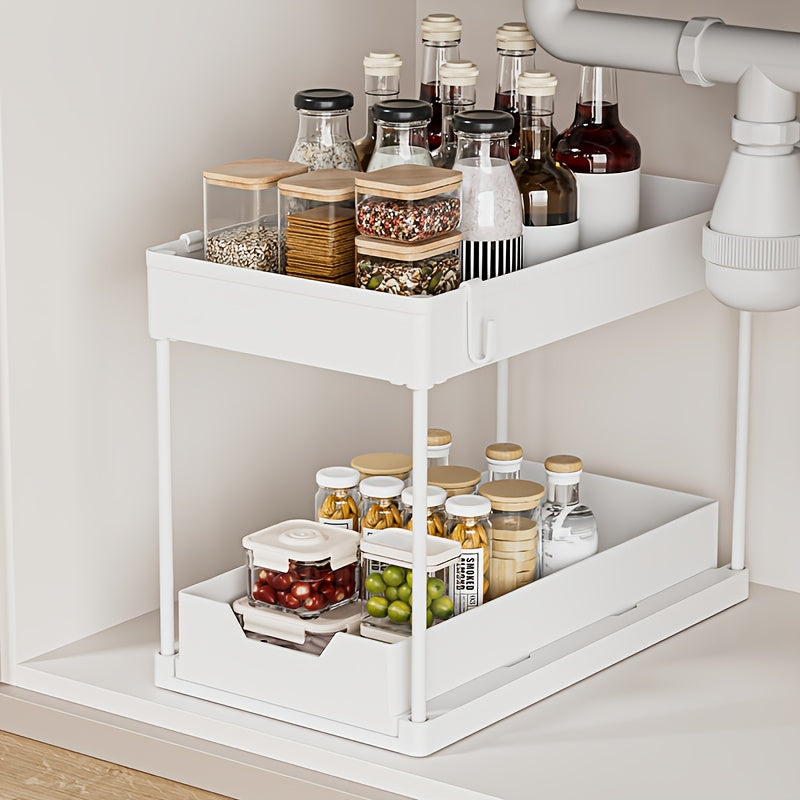 Under-Sink Storage Box with Sliding Drawers, 2-Layer Sliding Cabinet Basket, Bathroom Kitchen Cabinet Storage Box with Hooks, Storage Cups, Household Kitchen Additions, Utility Racks