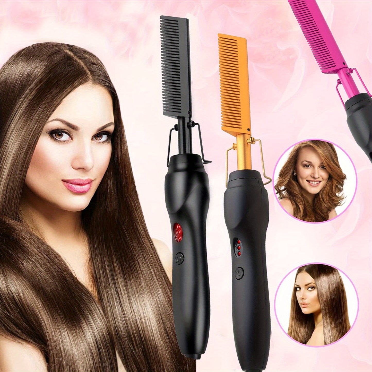 Hair Straightener Brush Electric Straightening Comb with Anti-Scald, Portable Heated Curling Iron for Wet & Dry Hair, Copper Plates, Works on Wigs – Women Men, Holiday Gift