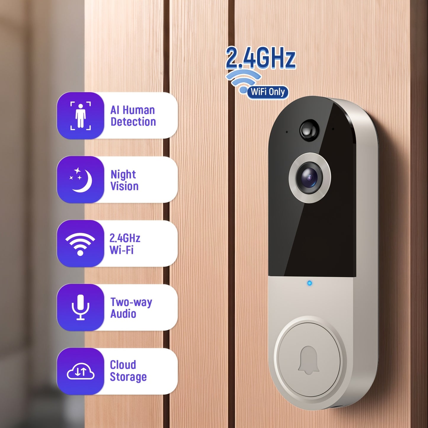 1440P Video Doorbell Wireless WiFi – Two-Way Audio Night Vision Real-Time Alerts, Panoramic View Motion Detection, 2.4G Home Security Camera for Front Door, Canada