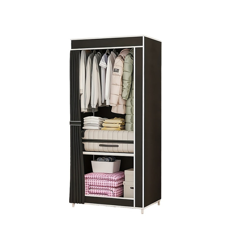 Slim Portable Wardrobe Closet with Curtain – Non-Woven Fabric, 2–6 Shelves & 2 Hanging Sections, Dustproof, Easy Assembly, Space-Saving Clothes Organizer for Bedroom & Apartment – Black & Grey