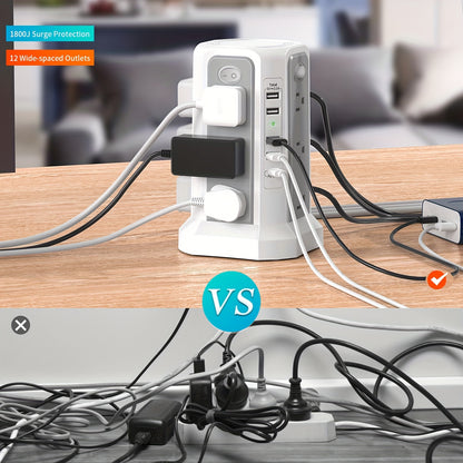Tower Surge Protector with Night Light – 12 AC Outlets, 5 USB Ports (18W USB-C PD), 10.2FT Extension Cord, 1800J Surge Protection, 4-Zone Switch, Black