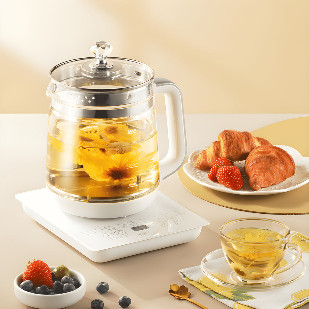 Yalulu Electric Kettle, Health Pot, Heated Glass Carafe, 1.8L/60.87oz, 18 Cooking Options, Smart Touch Screen, with Egg Steaming Rack, for Making Coffee, Porridge, Steaming Eggs, Removable Filter, Multi-functional Medical Health Pot