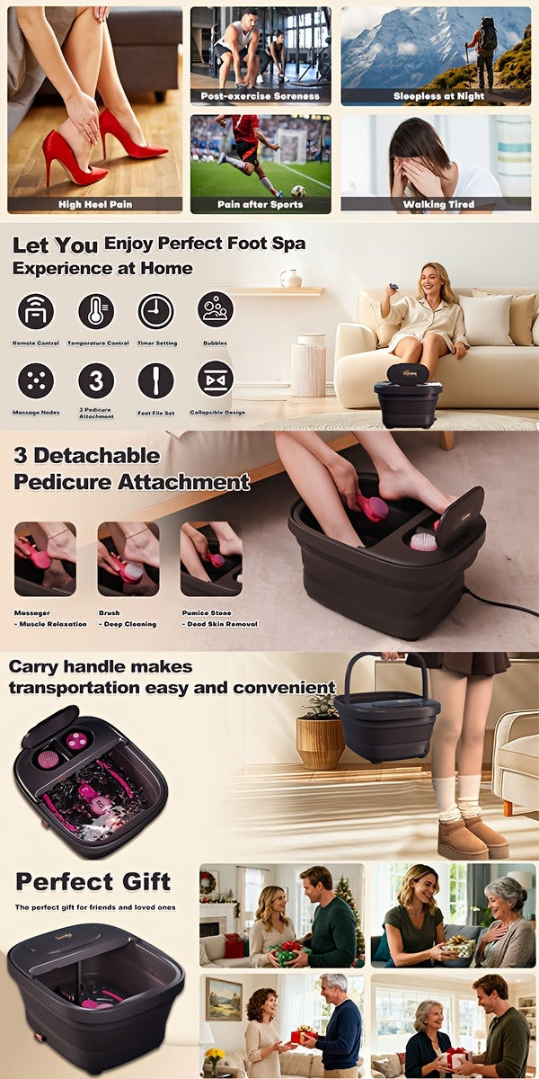Remote Temperature Control Collapsible Foot Spa. Foot Bath with Heat, Bubble And Massager, Foot Spa Tub with 3 Pedicure Attachments, Foot Soak Tub with Handle. Best Gift for Women Or Mon