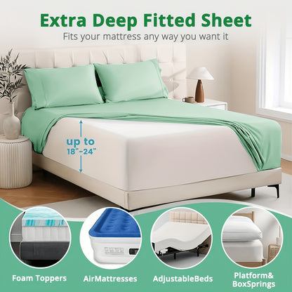 Extra Deep Pocket Cooling Bed Sheets Set – Breathable Wrinkle-Free Soft Bedding for Kids, Women & Men – Hotel Luxury Fitted Sheet Set, Light Blue, Twin Full Queen King