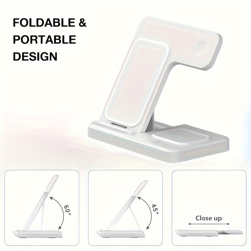 3 in 1 Wireless Charging Station, Fast Charger Stand Compatible For iPhone17/16/15/14/13/12 Series, For iWatch 10/9/8/7/SE & For AirPods 4/3/2/Pro, Anti-Slip Fast Charging Dock, Space-Saving All-in-One Charging Station, Ideal for Bedroom, Office & Travel,