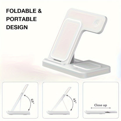 Apple Ecosystem 3-in-1 Wireless Charging Station for iPhone 17 16 15 14 13 12 & iWatch 10 9 8 7 SE & AirPods 4 3 2 Pro – Anti-Slip Fast Charging Dock, Space-Saving All-in-One Charger Stand for Bedroom Office Travel
