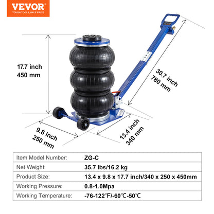 3 Ton Pneumatic Air Jack 6600 lbs Triple Bag Airbag Jack, 5.5"-17.7" Lift Range, 3-5 Second Fast Lift, Six Steel Pipes, Adjustable Handle – VEVOR Car & Garage Jack
