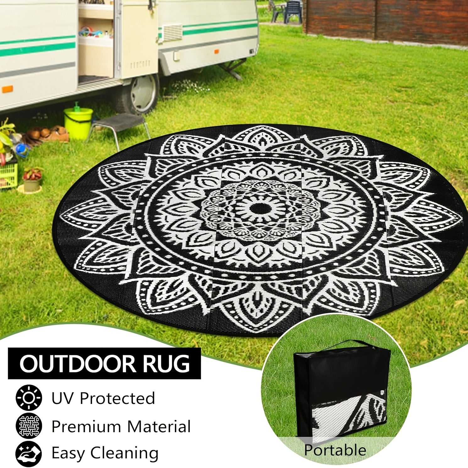 Round Boho Outdoor Rug Reversible Circle Patio Carpet – Lightweight Portable Outdoor Area Rug for Patio, Balcony, Camping & Backyard, Bohemian Style Weatherproof Floor Mat