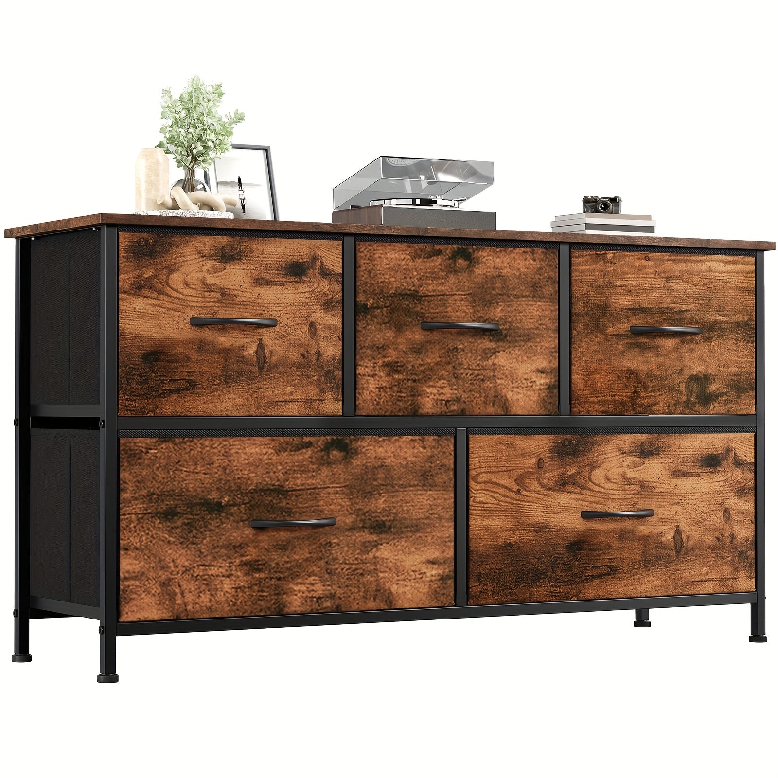 White Chest of Drawers with 5 Fabric Drawers & Wooden Top – Wide Freestanding Dresser Cabinet for Living Room, Hallway, Bedroom & Kitchen – Modern Sideboard Storage Organizer, Easy Assembly