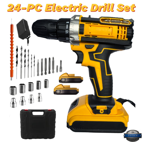 21V Brushless Cordless Drill Set 24-Piece with 2 Lithium Batteries Fast Charger 18+1 Torque Settings 10mm Keyless Chuck Chrome Vanadium Drill Bits