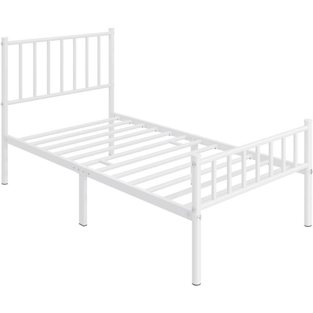 ALDEN DESIGN Bed Frame, Metal Platform Bed Frame, Minimalist Metal Bed Frame with Vertical Bar Headboard and Footboard, Underbed Storage, Bedroom, Farmhouse Metal Bed Foundation for Guest Room, Loft, Condo, Apartment, White/Black, Twin/Full/Queen Size