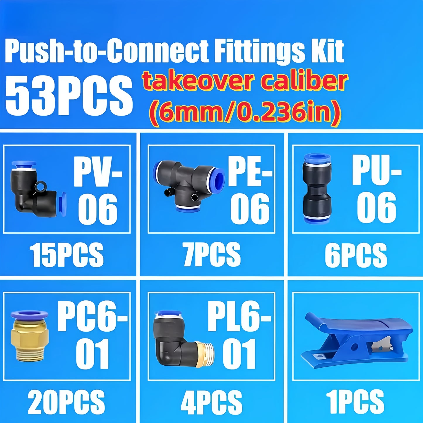 53pcs Pneumatic Quick Connector Set, Barbed Air Hose Fittings & Quick Couplers for 4mm 6mm 8mm Air Hoses, Push-In Pneumatic Fittings Assortment Kit for Air Compressor Tubing – Workshop Garage DIY