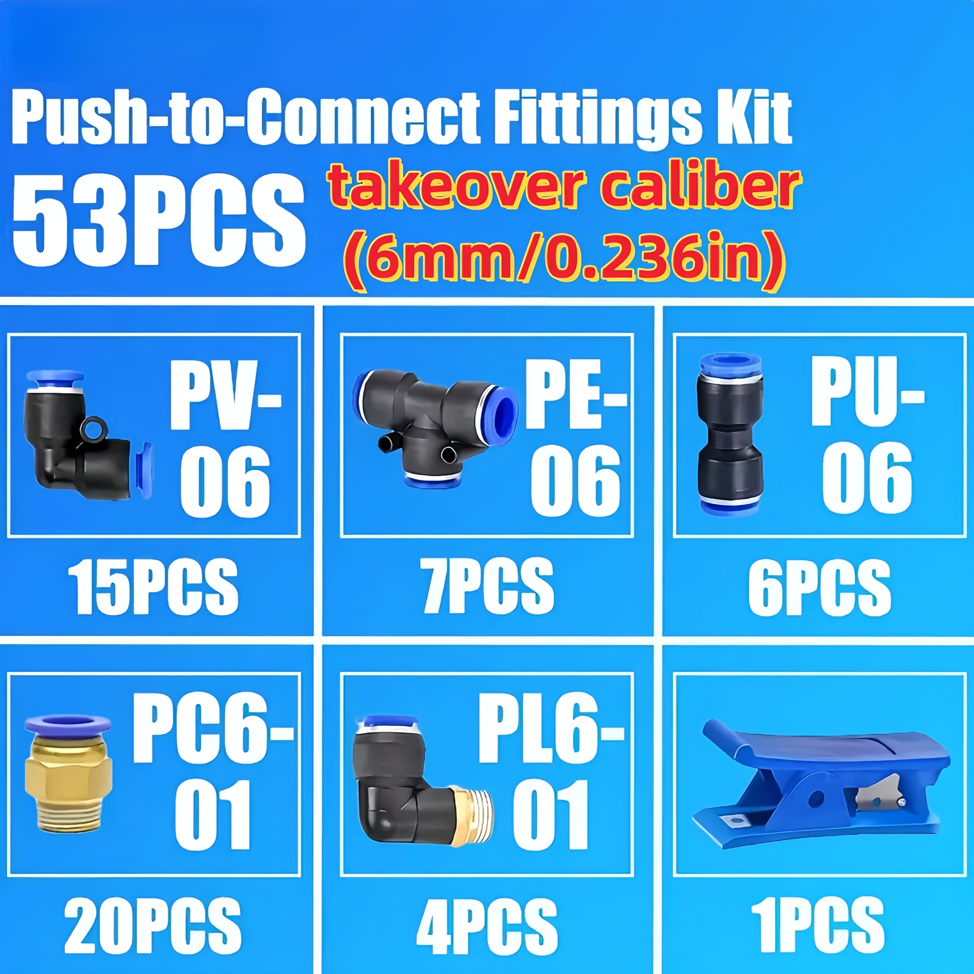 53pcs Pneumatic Quick Connector Set, Barbed Air Hose Fittings & Quick Couplers for 4mm 6mm 8mm Air Hoses, Push-In Pneumatic Fittings Assortment Kit for Air Compressor Tubing – Workshop Garage DIY