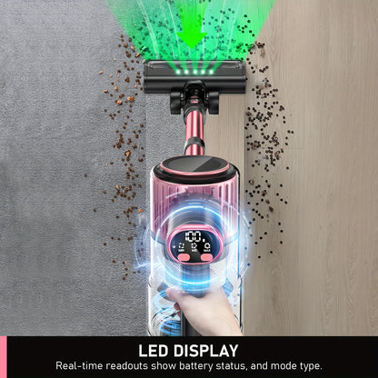 Cordless Vacuum Cleaner 8-in-1 Lightweight Stick Vacuum with LED Display – 3 Suction Modes Anti-Tangle for Hard Floor Carpet Pet Hair, Pink Wireless Home Vacuum