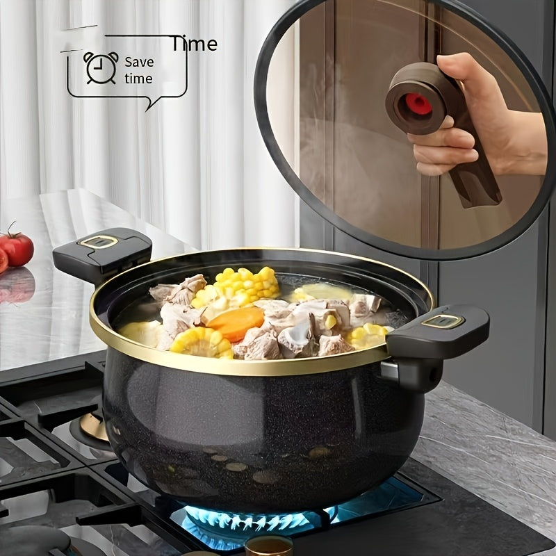 7-Liter Multi-Function Double-Handle Pot: 25, 1.57inch (Large Capacity), Thickened Iron Structure, Glass Lid with Golden Trim. Perfect for Soups, Stews, Etc., Available in Black, Light Blue, Orange. Multi-Functional, Stylish And Durable Kitchen Cookware