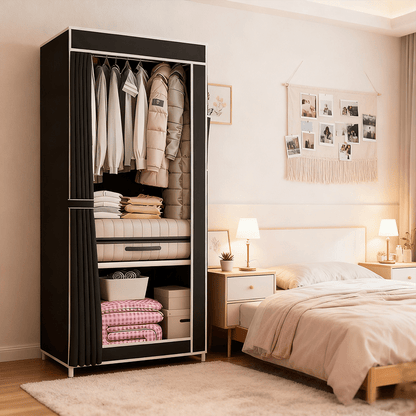 Freestanding Fabric Wardrobe Closet 170x128cm – Non-Woven Portable Clothes Organizer with 6 Shelves, 2 Hanging Sections & 4 Side Pockets, Dustproof Bedroom & Living Room Storage