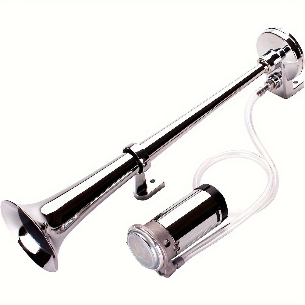 ALLREY 12V Air Horn Kit, Super Loud 18 Inches Single Trumpet Truck Horn, Train Horn With Compressor For Any 12V Vehicles Silver Black Button